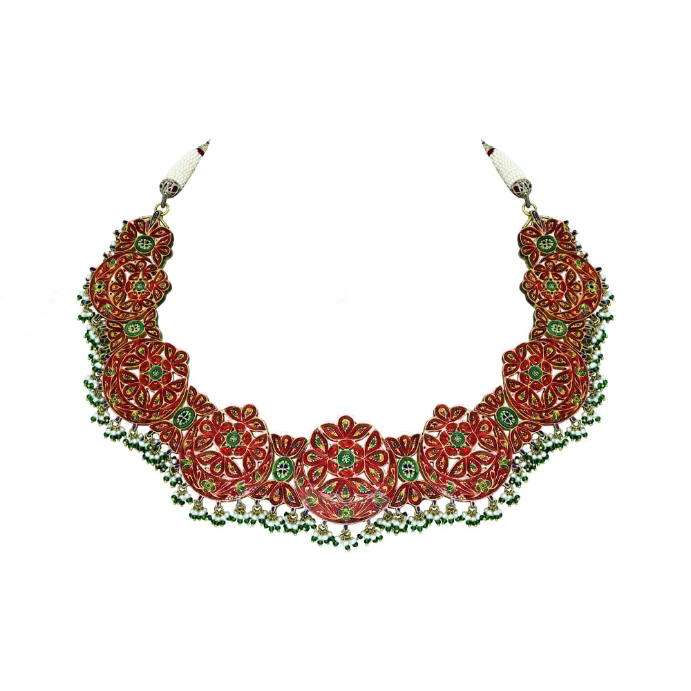 Crescent Polki Necklace Set with Red Talaf, Emeralds, and Pearls